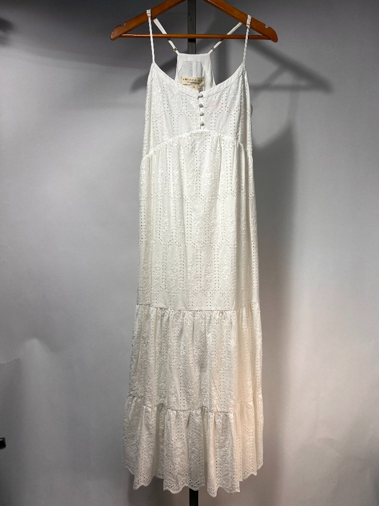 Saltwater Luxe Amalia Cotton Eyelet Tiered Midi White Dress Size M Nwt